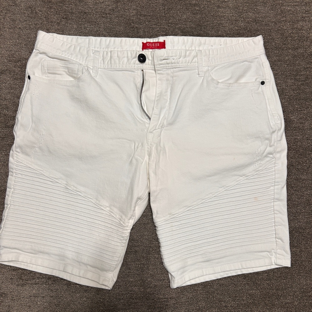Guess White Denim Moto Shorts with Red Tag